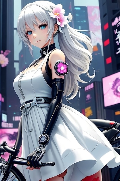 Ragazza di anime cyberpunk con un vestito bianco