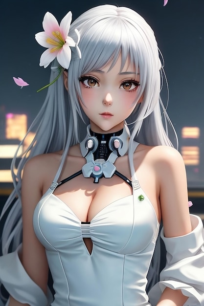 Ragazza di anime cyberpunk con un vestito bianco