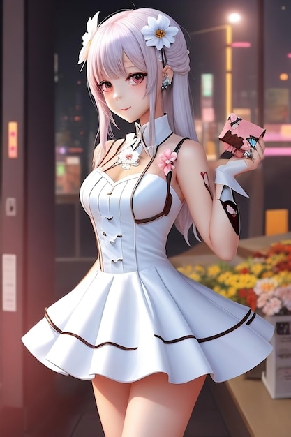 Ragazza di anime cyberpunk con un vestito bianco