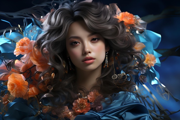 Ragazza di bellezza con acconciatura di fiori Donna astratta fantasy concept art illustrazione Ai generativa