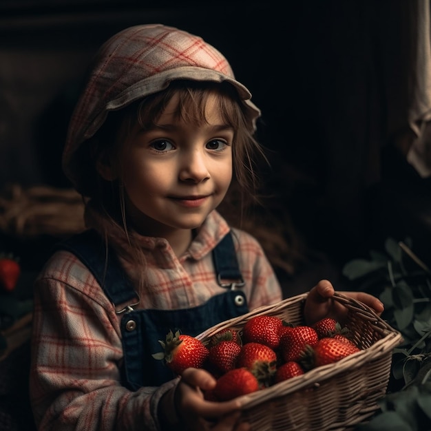 Ragazza di campagna con fragole autoctone ai generativa