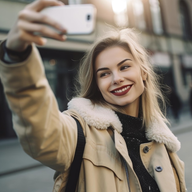 Ragazza di città che fa felicemente un selfie pubblico