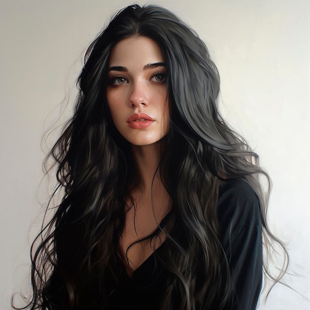 Ragazza di disegno realistico con lunghi capelli neri