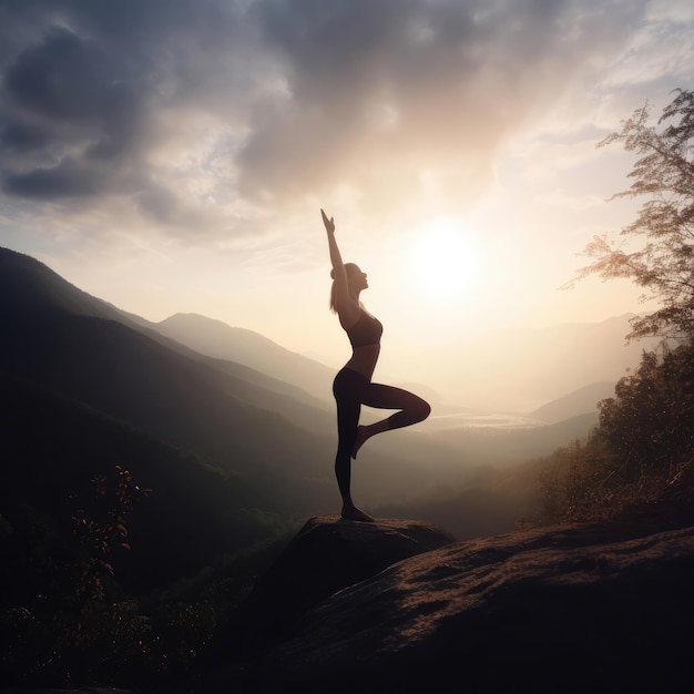 Ragazza di forma fisica della siluetta che pratica yoga sulla montagna con