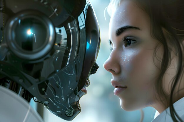 Ragazza di fronte a un robot faccia a faccia guardandosi negli occhi