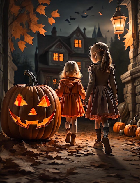 Ragazza di Halloween accanto a una zucca di notte Scena spaventosa