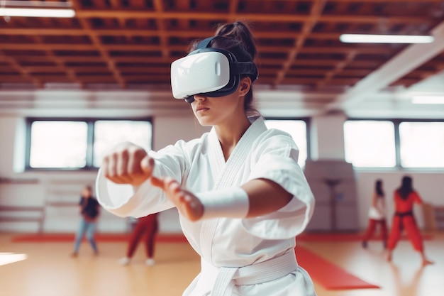 Ragazza di karate con occhiali 3D virtuali Esperienze immersive nello sport IA generativa