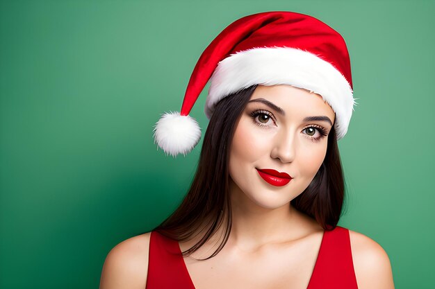 Ragazza di Natale con cappello di Babbo Natale con sfondo verde Buon Natale Donna di Natale AI Generativa