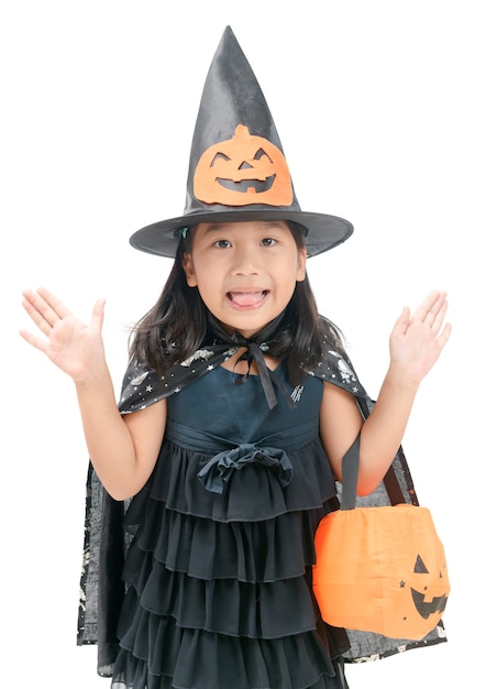 Ragazza divertente del bambino in costume della strega per Halloween