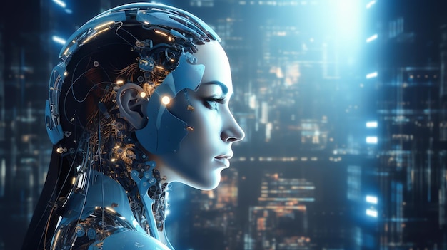 Ragazza donna connessa da reti neurali con intelligenza artificiale