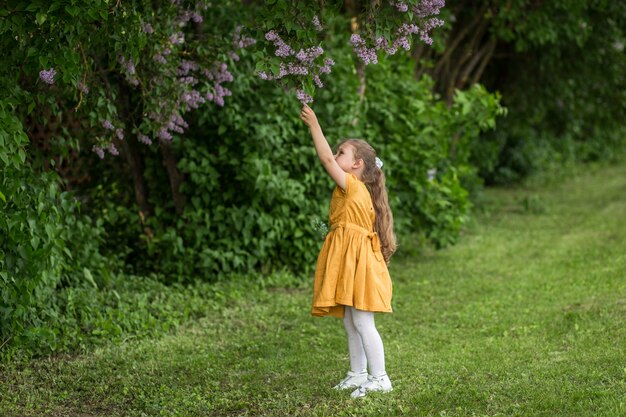 ragazza e fiori lilla in giardino in estate