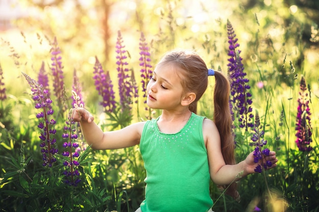 ragazza e lupino fiore in natura