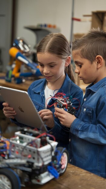 Ragazza e ragazzo che usano un tablet e parti elettroniche per costruire un robot