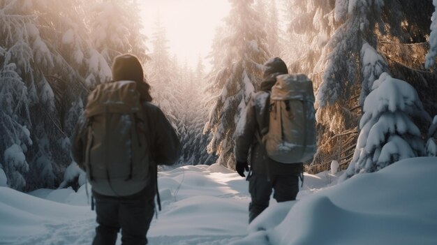 Ragazza e uomo con uno zaino nella soleggiata giornata invernale della foresta di montagna Generato dall'intelligenza artificiale