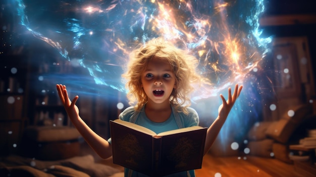 Ragazza eccitata con un libro magico aperto con un'ondata di elementi magici astrali che fuoriescono dal weber di immagini AI generative