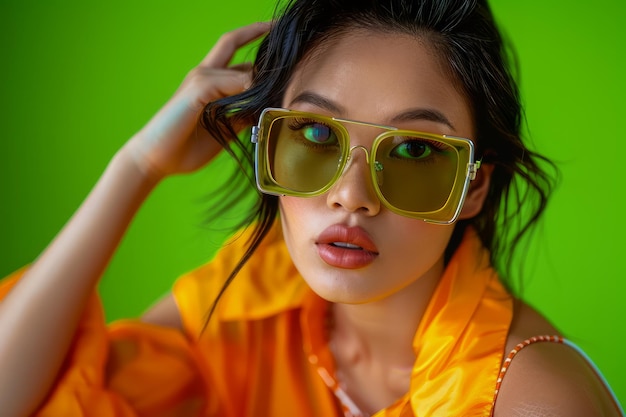 Ragazza elegante che posa con occhiali da sole di grandi dimensioni e una maglietta arancione su uno sfondo verde