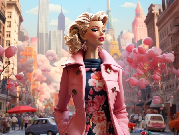 Ragazza elegante in stile Barbie sullo sfondo della moderna città di New York