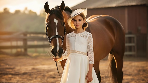 Ragazza elegante in una fattoria con un cavallo