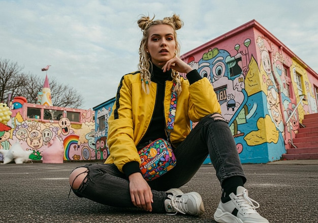 Ragazza elegante nella strada dei graffiti