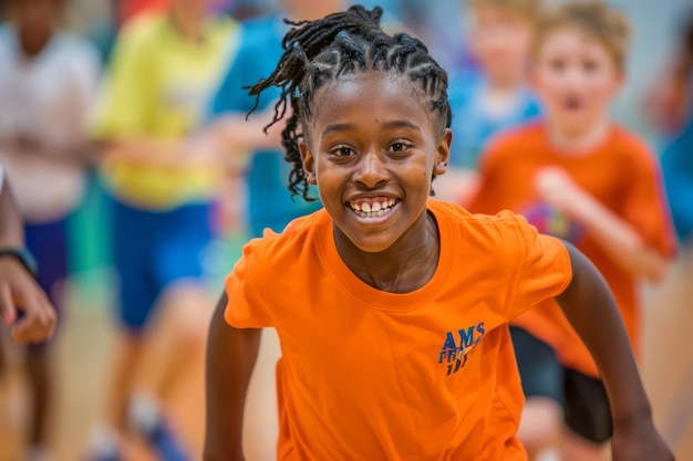 Ragazza felice che si diverte con gli amici in attività sportive all'interno Bambino allegro in camicia arancione