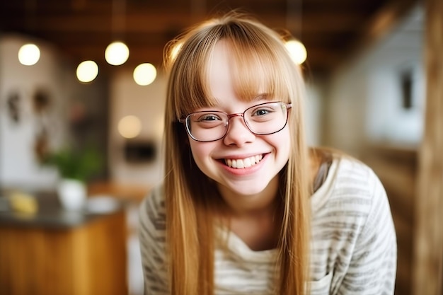 Ragazza felice con sindrome di Down a casa Generato dall'intelligenza artificiale