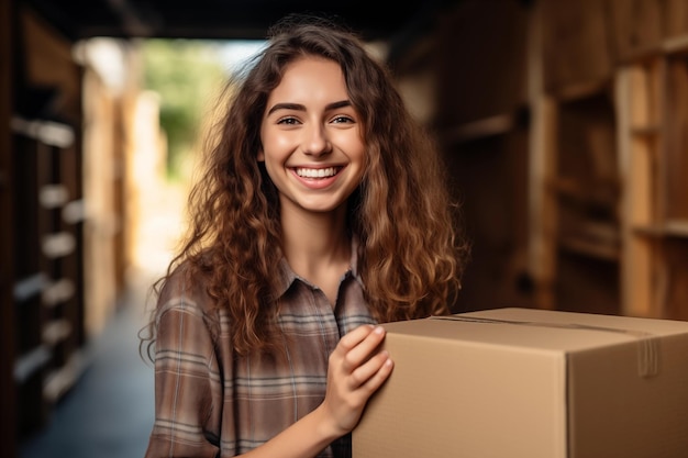 Ragazza felice e sorridente che porta una scatola di cartone con gli effetti personali Giovane donna che si trasferisce nel dormitorio nuovo appartamento