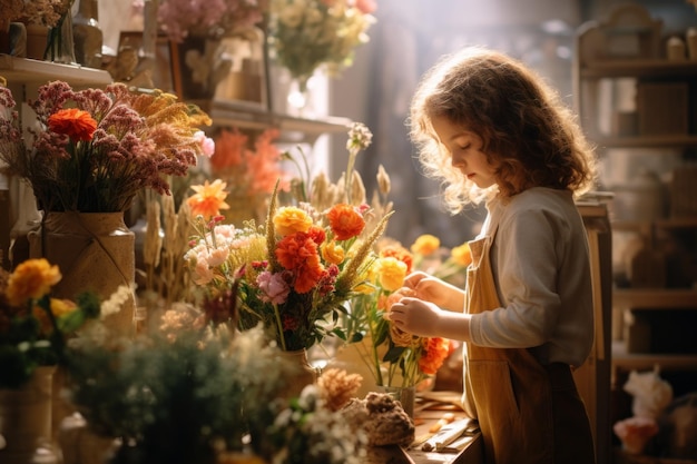 ragazza felice fiorista in un negozio di fiori