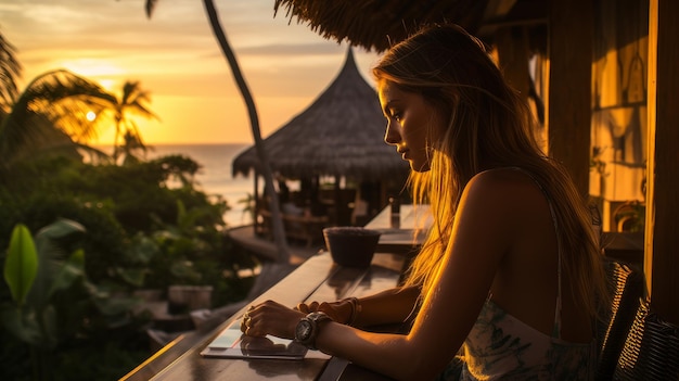 Ragazza freelance che lavora su un portatile in mare