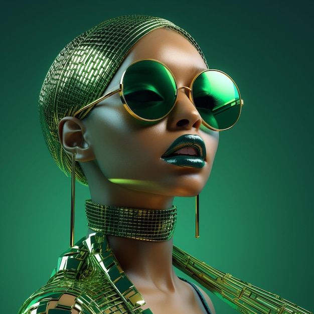 Ragazza futuristica con gli occhiali tema verde sfondo