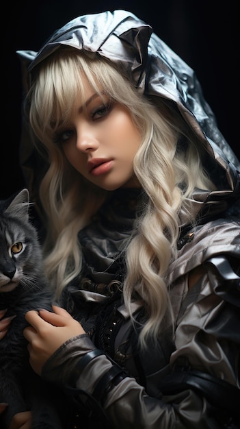 ragazza gatto che indossa orecchie di gatto con sfondo del telefono grigio e grigio scuro Foto professionale Generative A