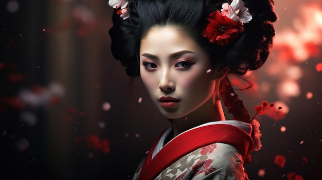 Ragazza geisha giapponese creativa in accappatoio su sfondo astratto rosso. Foto di alta qualità