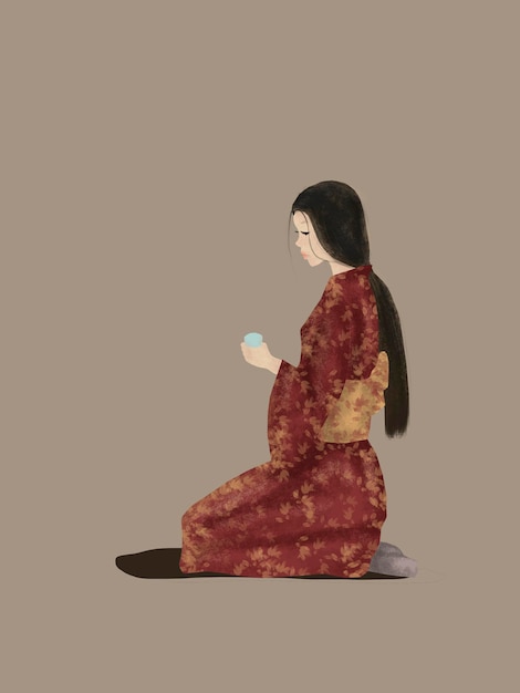 Ragazza giapponese che indossa un kimono tradizionale rosso Illustrazione digitale