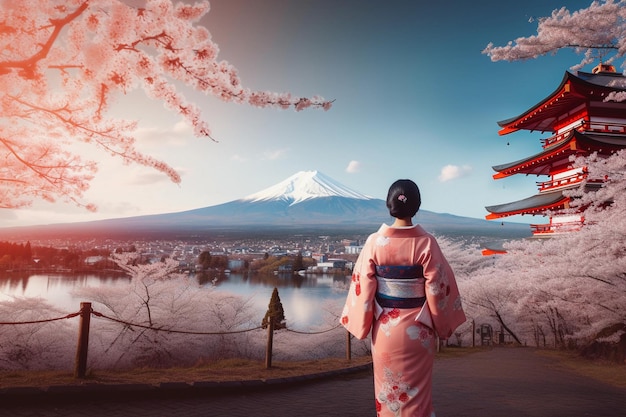 Ragazza giapponese in abito tradizionale kimono a piedi nel parco Sakura con sfondo di montagna Fuji