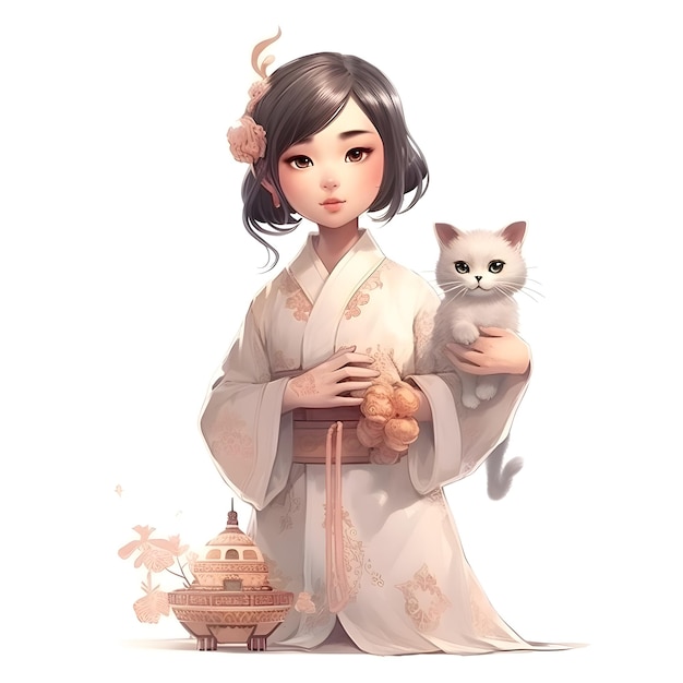 Ragazza giapponese in kimono con un gatto rendering 3D