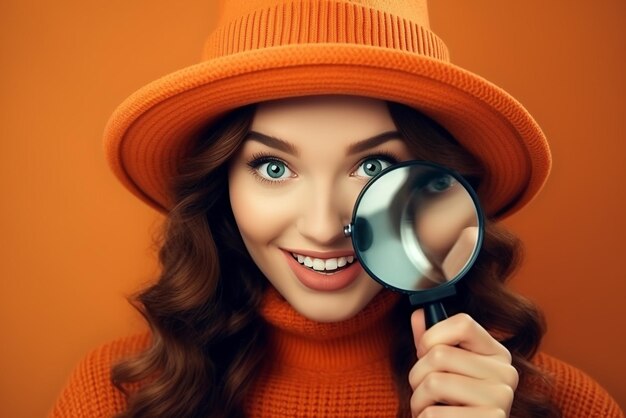 Ragazza gioiosa in maglione e cappello che esamina la macchina fotografica con la lente d'ingrandimento sopra l'arancia