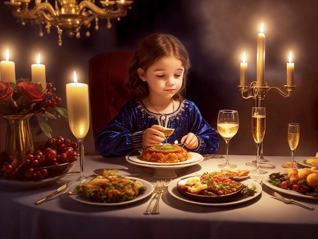 Ragazza giovane al tavolo da pranzo di Hanukkah con cibo delizioso con decorazione di vino eleganza di champagne