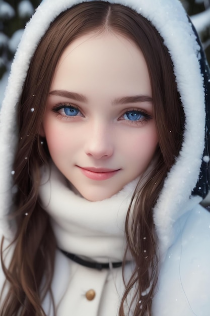 Ragazza giovane bellissima sullo sfondo innevato in inverno fidanzata caratteristiche facciali squisite carta da parati