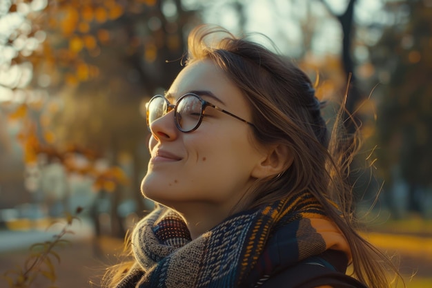 Ragazza giovane che sorride in natura con gli occhiali che si diverte a passeggiare