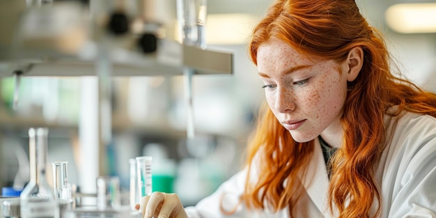 Ragazza giovane con i capelli rossi scienziato profondamente impegnato in attività di laboratorio con un'attenzione sulle sue espressioni e lavoro riflessivo offrendo un'area chiara per il testo