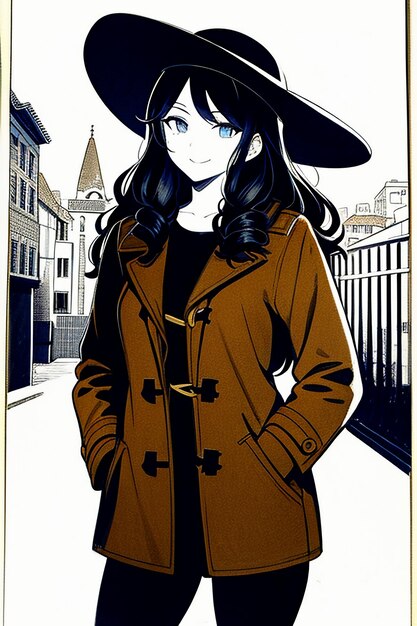 Ragazza giovane e bella con un cappotto scuro e un cappello retro. Illustrazione sullo sfondo.