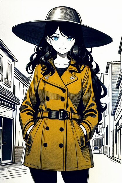 Ragazza giovane e bella con un cappotto scuro e un cappello retro. Illustrazione sullo sfondo.