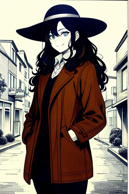 Ragazza giovane e bella con un cappotto scuro e un cappello retro. Illustrazione sullo sfondo.