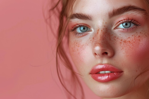 Ragazza giovane e carina con trucco naturale su sfondo rosa Concept di cura della pelle di bellezza