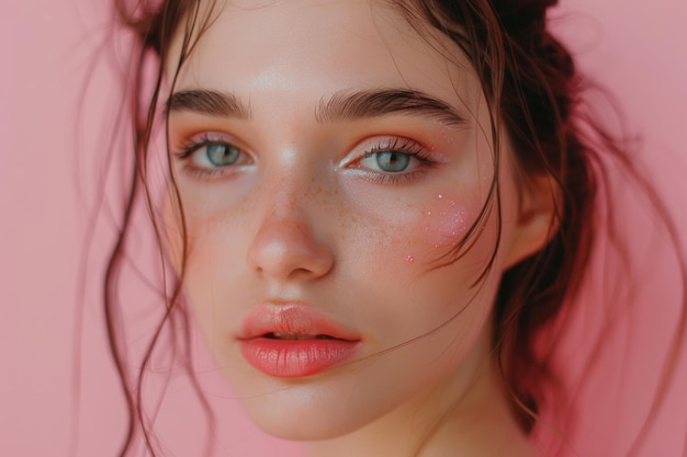 Ragazza giovane e carina con trucco naturale su sfondo rosa Concept di cura della pelle di bellezza