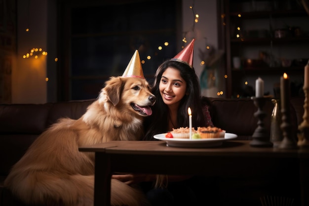 Ragazza giovane e carina indiana che festeggia il compleanno con il cane a casa con torta e candela