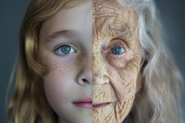 Ragazza giovane e donna anziana si dividono la faccia