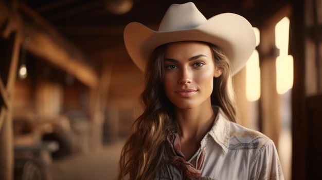 Ragazza giovane in fattoria che indossa un cappello da cowboy