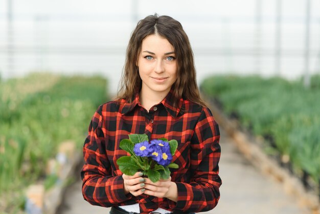 Ragazza giovane, operaio con fiori in serra