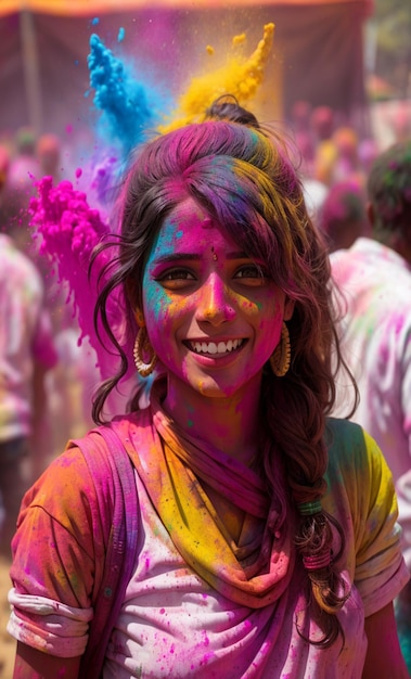 Ragazza Holi con sfondo colorato