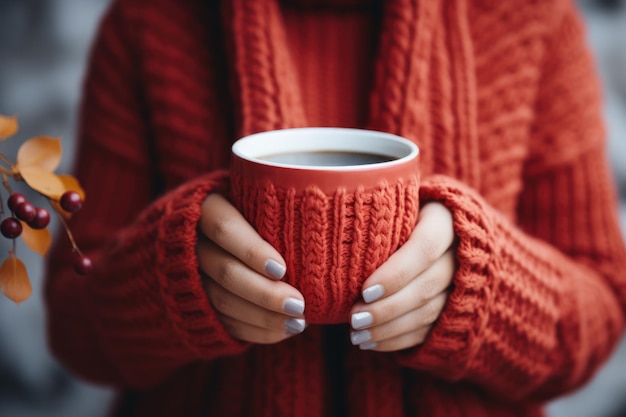 Ragazza in abiti a maglia rossa con una tazza rossa con caffè e tè caldo